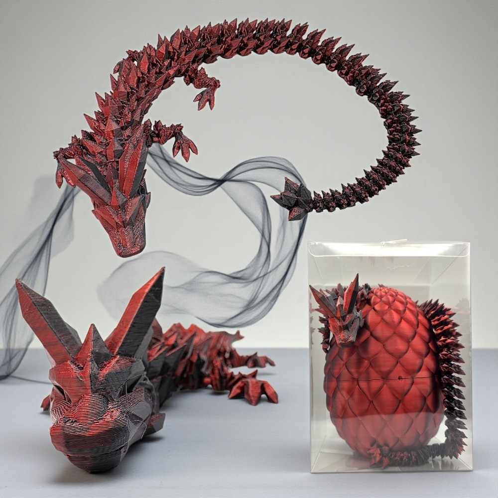 Red Black Articulated 3D Printed Dragon Figure with Dragon Egg Christmas Gift